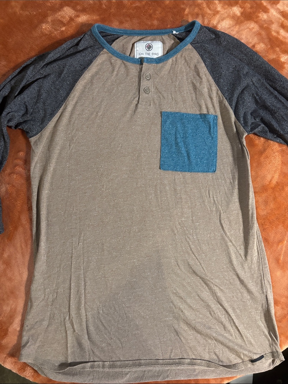 Men's Tan Body with Blue Sleeves and Pocket Raglan Henley